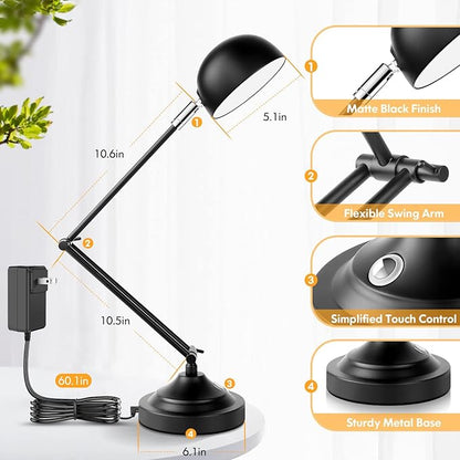 Touch Control LED Desk Lamp with USB Charging Port, Architect Black Metal Lamp with Adjustable Swing Arm, Dimmable Modern Table Lamp for Home Office Reading Study, 3000K/4000K/5000K 3 Color Modes - LeafyLoom