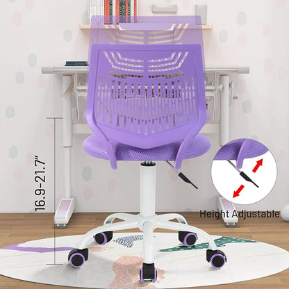 Kids Desk Chair, Armless Home Office Task Chair with Mesh Padded Cushion, Swivel Study Computer Chair with Rolling Wheels for Children Student, Purple - LeafyLoom