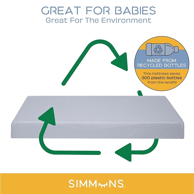 Simmons Kids Foundry 6-in-1 Convertible Baby Crib, Rustic Mist with Matte Black + Quiet Nights Breathable Crib Mattress with Removable/Machine Washable Cover (Bundle) - LeafyLoom