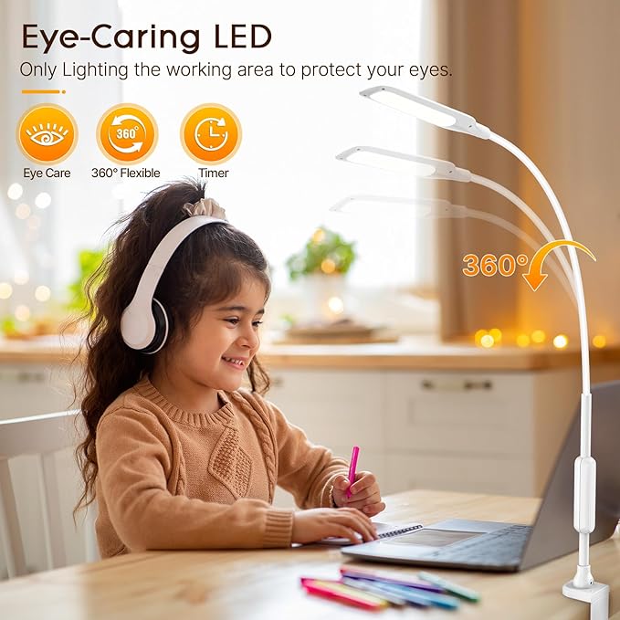 LED Desk Lamp with Clamp, Workbench Light, 10W Eye-Caring Desk Lights, 5 Brightness Levels with Remote Control, Flexible Gooseneck Task Lamp for Office Work Drawing Study Lamp (White) - LeafyLoom