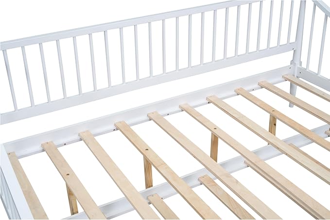 Full Size Daybed with Hideaway Trundle and Support Legs,Multi-functional Wood Bed Frame,W/Rails Three Sides,Easy to Assemble,for Bedroom,Living Room,Apartment,White - LeafyLoom