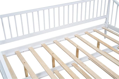 Full Size Daybed with Hideaway Trundle and Support Legs,Multi-functional Wood Bed Frame,W/Rails Three Sides,Easy to Assemble,for Bedroom,Living Room,Apartment,White - LeafyLoom