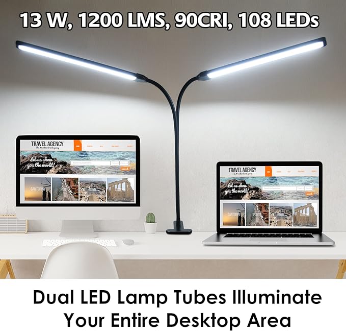 Desk Lamp, Clamp on Lamp with 2 LED Tubes, 13W, 1200 Lms, 3 Color Modes, 10 Brightness Levels, 18.5 Inches Flexible Gooseneck LED Clip Book Light for Reading, Working (Adapter Included) - LeafyLoom