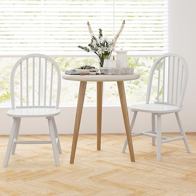 HAPPYGRILL 2 Pieces Wooden Dining Chairs Set, Vintage Armless Windsor Chairs, Kitchen Dining Chairs with Backrest, White - LeafyLoom