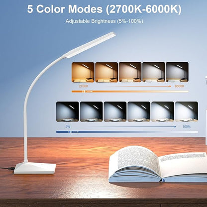 LED Desk Lamp Eye-Caring Table Lamps with USB Charging Port,7 Brightness Levels & 5 Color Modes,Touch Control and Memory Function, Flexible Gooseneck Reading Lamp for Home Office, White - LeafyLoom