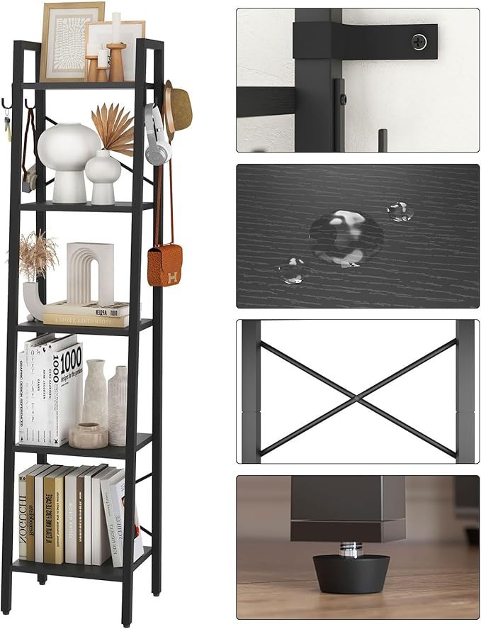 YMYNY 5 Tiers Ladder Bookcase, Industrial Narrow Bookshelf, Open Display Rack with 4 S Hooks, Metal Storage Shelves for Bedroom, Home Office, Living Room, Black, 63H*13.4L*11.8W, UHBC025B - LeafyLoom