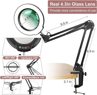 Veemagni 8X Magnifying Glass with Light, 5 Color Modes Stepless Dimmable, Adjustable Swing Arm LED Lighted Desk Lamp with Clamp, Hands Free Magnifier with Light and Stand for Craft Hobby Close Works - LeafyLoom