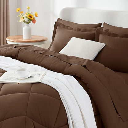 CozyLux Full Comforter Set with Sheets 7 Pieces Bed in a Bag Brown All Season Bedding Sets with Comforter, Pillow Shams, Flat Sheet, Fitted Sheet and Pillowcases - LeafyLoom