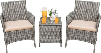 Greesum 3 Pieces Patio Furniture Sets Outdoor PE Rattan Wicker Chairs with Soft Cushion and Glass Coffee Table for Garden Backyard Porch Poolside, Gray and Beige - LeafyLoom