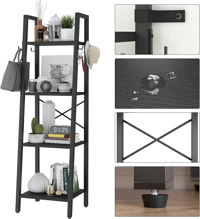 YMYNY 4 Tiers Ladder Bookcase, Industrial Narrow Bookshelf, Open Display Rack with 4 S Hooks, Metal Storage Shelves for Bedroom, Home Office, Living Room, Black, 49.2H*13.4L*11.8W, UHBC024B - LeafyLoom