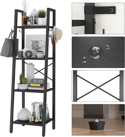 YMYNY 4 Tiers Ladder Bookcase, Industrial Narrow Bookshelf, Open Display Rack with 4 S Hooks, Metal Storage Shelves for Bedroom, Home Office, Living Room, Black, 49.2H*13.4L*11.8W, UHBC024B - LeafyLoom