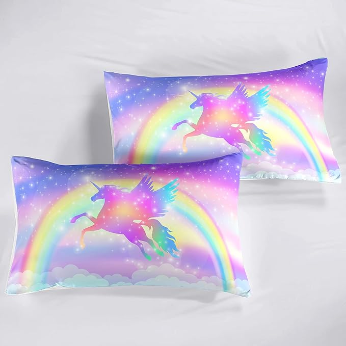 Kids Comforter Bedding Set 3 Pieces Super Soft Breathable Print Kids Bedding Sets for Girls, Machine Washable Durable Comforter Set with Comforter, 2 Pillowcases Rainbow(Twin, Purple Unicorn) - LeafyLoom