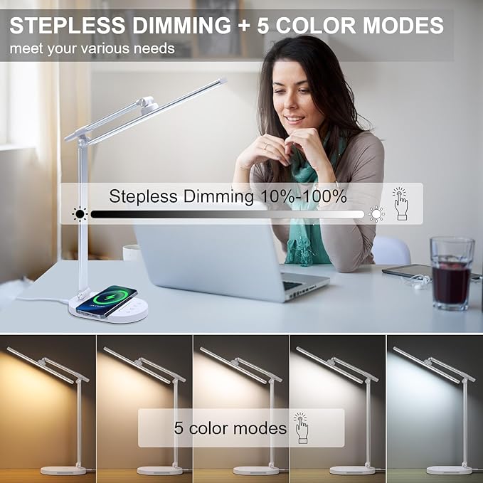 Lightess LED Desk Lamp with Wireless Charger, USB Charging Port, 5 Color Modes, 5 Brightness Level, Dimmable Desk Lamp, Office Table Lamp for Study Reading, Touch Control, Auto Timer - LeafyLoom