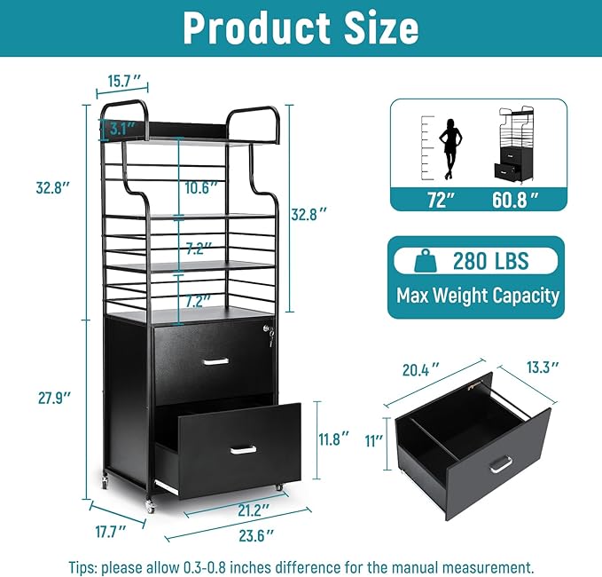 Vertical File Cabinet, 2 Drawer Mobile Filing Cabinet with 3 Bookshelf, Printer Stand with Open Storage Shelves Fits A4/Letter/Legal Size File Cabinets for Home Office Organizer, Black - LeafyLoom