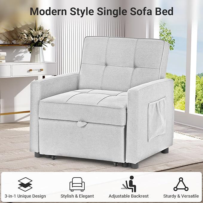 4-in-1 Convertible Sleeper Sofa, Single Pull Out Couch Chair with 6-Level Adjust Backrest Loveseat with Storage and Pillows, Modern Recliner for Living Room Apartment Office, White - LeafyLoom