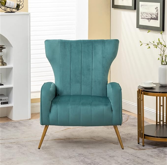 Armchair Modern Velvet Accent Chair, Channel Tufted Bedroom, Office or Living Room Furniture with Elegant Metal Legs, Teal - LeafyLoom