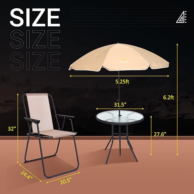 Nice C Outdoor Dining Sets, Patio Furniture Set, 8 Piece Set with Umbrella, Garden Outdoor Furniture Table Set with Tilted Removable Umbrella, Glass Table, and 6 Folding Chairs (Beige-6 Piece) - LeafyLoom