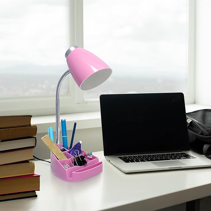 Simple Designs LD1067-PNK Compartmental Desk Lamp with iPhone/iPad/Tablet Stand, Bendable Gooseneck, for Office, Living Room, Nightstand, Library, Entryway, Pink - LeafyLoom