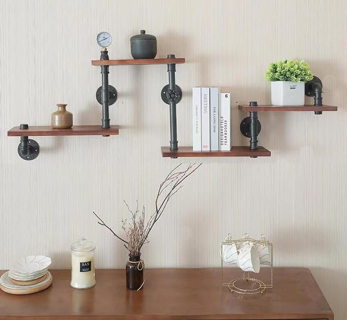 Industrial Rustic Modern Solid Wood Ladder Pipe Wall Mounted Floating Shelves – 4 Tiers Bookshelf,DIY Storage Shelving,Hung Bracket,Bookcases - LeafyLoom