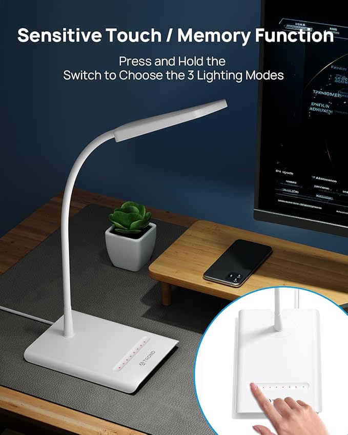 TROND LED Desk Lamp for Home Office, 3 Color Modes 7 Brightness, Dimmable Table Lamp, Eye Caring Reading Light, Gooseneck, Touch Control, 900LM Bright Desk Light for Study Task Dorm Room Essentials - LeafyLoom