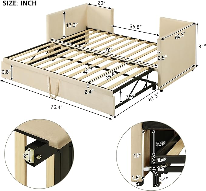 Bellemave Twin Size Upholstered Daybed with Pop up Trundle,Velvet Twin Daybed Frame,Twin to King Daybed,Day bed with Trundle Bed Twin,Tufted Sofa Bed Daybed,Bedroom,Living Room,Guest Room(Beige) - LeafyLoom