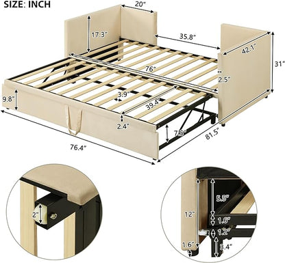 Bellemave Twin Size Upholstered Daybed with Pop up Trundle,Velvet Twin Daybed Frame,Twin to King Daybed,Day bed with Trundle Bed Twin,Tufted Sofa Bed Daybed,Bedroom,Living Room,Guest Room(Beige) - LeafyLoom