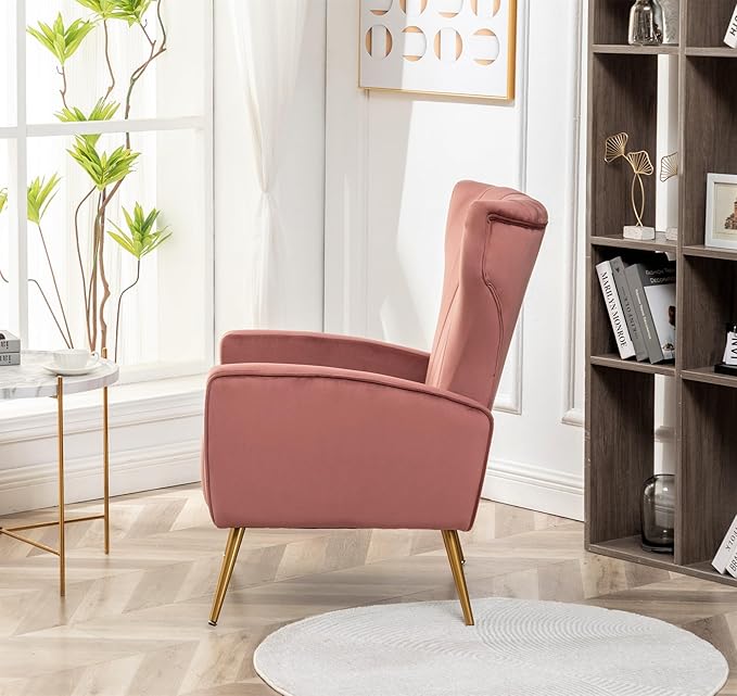 Armchair Modern Velvet Accent Chair, Channel Tufted Bedroom, Office or Living Room Furniture with Elegant Metal Legs, Rose - LeafyLoom