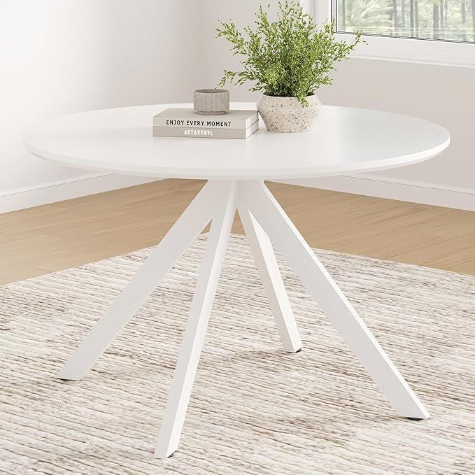 Farini White Dining Table for 4-6 Person,47" Round Wooden Dining Tabletop and Metal Frame for Home Kitchen Dining Desk (47 inch,120cm) - LeafyLoom