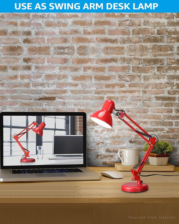 TORCHSTAR Metal Swing Arm Architect Desk Lamp with Clamp, Adjustable Gooseneck Table Lamp, Clip Desk Lights for Home Office, Work, Study, Reading, E26 Base, Multi-Joint, Red - LeafyLoom