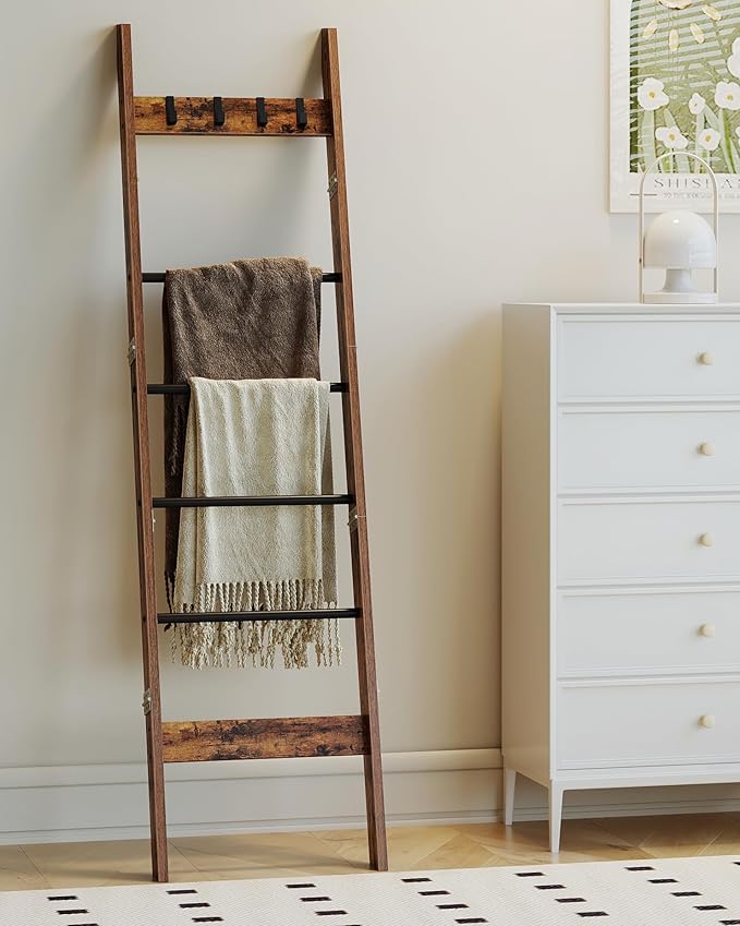 Blanket Ladder Shelf for Living Room, Decorative Wood Quilt Rack with 4 Removable Hooks, 6-Tier Farmhouse Ladder Holder Organizer for Bedroom, Rustic Brown and Black BR31501B - LeafyLoom