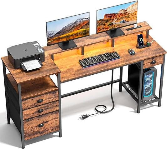 Furologee Computer Desk with Drawers, 60" Office Long Desk with Fabric File Cabinet and Power Outlets, Gaming Desk with LED Lights, Study Writing Work Desk for Home Office, Rustic Brown - LeafyLoom