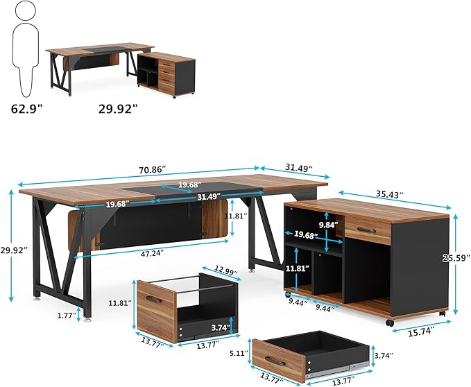 70.8" Executive Desk with 35.4" File Cabinet, L-Shaped Computer Desk, Wood Office Desk for Home Office - LeafyLoom