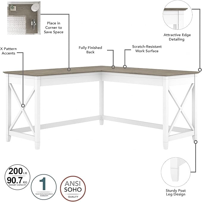 Bush Furniture Key West 60W L Shaped Desk with 2 Drawer Mobile File Cabinet in Pure White and Shiplap Gray - LeafyLoom