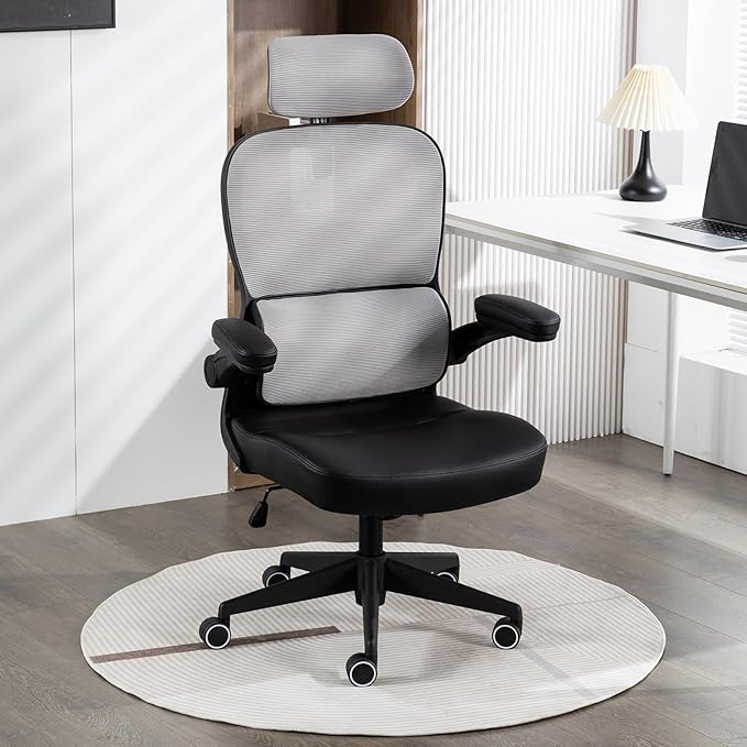 Home Office Chair High Back Computer Desk Chair Ergonomic Task Chair Executive Chair with Lumbar Support Recliner Chair with Adjustable Headrest,Flip-up Armrests (Gray with Nylon Base) - LeafyLoom