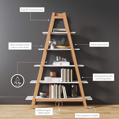 Nathan James 62201 Carlie 5-Shelf Ladder Bookcase, Display or Decorative Storage Rack with White and Rove Brown Wooden Ladder Shelves - LeafyLoom