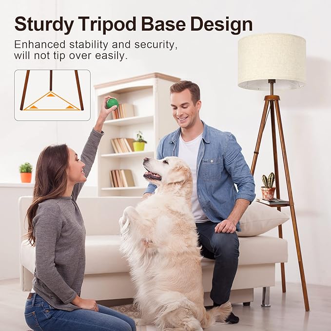 OUTON Wood Tripod Floor Lamp with Shelves, Mid Century LED Modern Dimmable Floor Lamp with Remote Control, Sturdy Tall Standing Lamp with Beige Linen Texture Shade for Living Room, Bedroom, Office - LeafyLoom