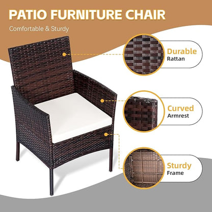 Patio Set 3 Piece Outdoor Rattan Porch Furniture with Tempered Glass Side Table & Cushion All Weather Conversation Bistro Set for Balcony,Deck,Porch (Brown/Beige) - LeafyLoom