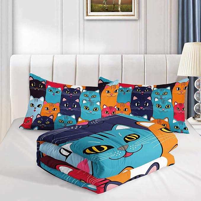 Axolotl Cartoon Cat Comforter Set Kids Bedding Full Size,Cute Colorful Cat Bedding Set for Kids Boys Girls Adults Teens Room Decor,Kids Comforter Set All Season,1 Comforter 2 Pillow Cases - LeafyLoom