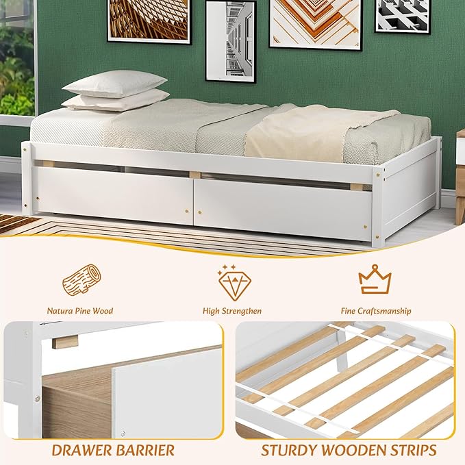 Twin Bed with 2 Storage Drawers, Solid Pinewood Twin Size Bed Frame,for Boys/Girls/Teens Bedroom, Easy to Assemble, No Box Spring Needed,White - LeafyLoom