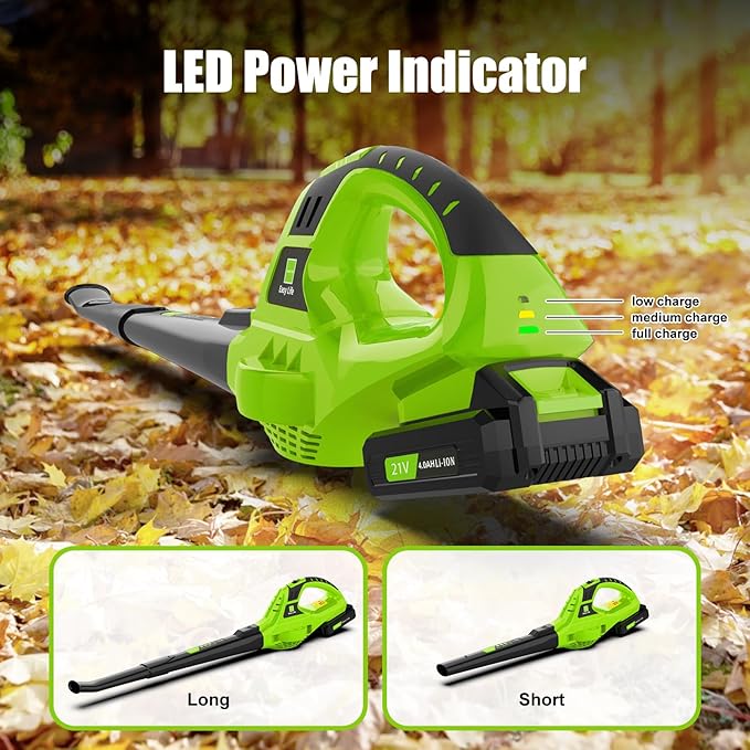 Leaf Blower Cordless,4.0Ah 21V Handheld Electric Leaf Blower with Battery and Charger, 2 Speed Mode, Lightweight Battery Powered Blowers for Lawn Care, Patio, Yard, Sidewalk,Snow Blowing - LeafyLoom