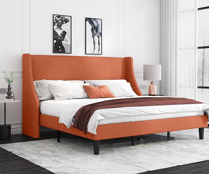 Allewie King Size Bed Frame, Platform Bed Frame with Upholstered Headboard, Modern Deluxe Wingback, Wood Slat Support, Mattress Foundation, Burnt Orange - LeafyLoom