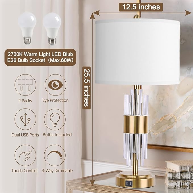 Bedside Table Gold Lamp for Living Room with USB Ports, Set of 2 with Touch Control, Modern Nightstand White Drum Lamp Shade Bedrooms Home Office Light Decor (2700K LED Bulb Included) - LeafyLoom