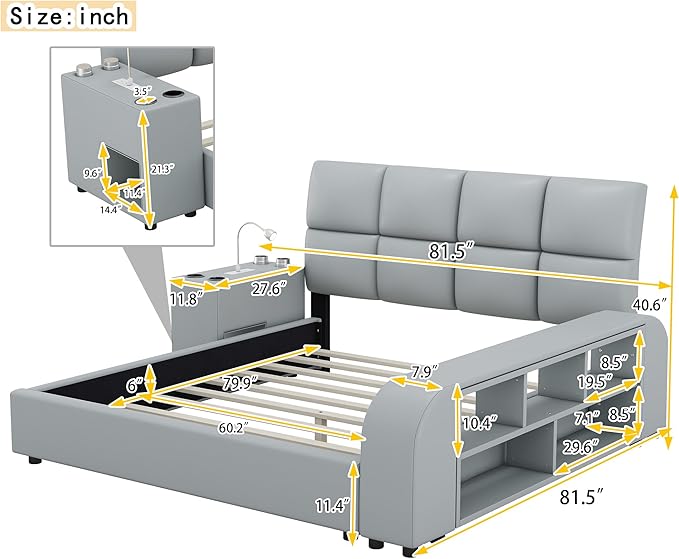 Queen Size PU Leather Upholstered Platform Multimedia Nightstand and Storage Shelves,Bedroom Solid Wood Bed Frame W/Bluetooth Speakers,Charging Station,Light,for Girls,Boys,Gray - LeafyLoom