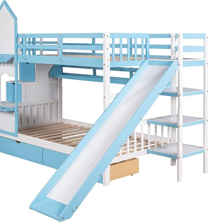 Twin Bunk Bed Castle with Slide, Stairs with Storage, Two Drawers, Solid Wood Bunkbeds Frame w/Shelves and Staircase, for Kids/Teens/Boys/Girls Bedroom, Blue - LeafyLoom