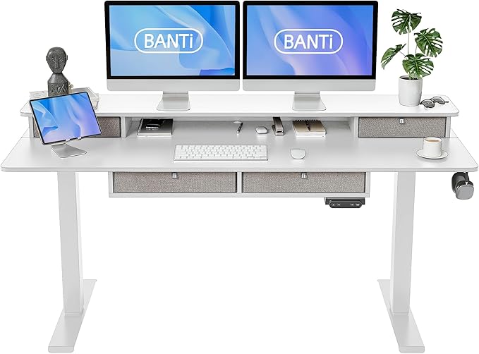 BANTI Height Adjustable Electric Standing Desk with 4 Drawers, 63 x 24 Inch Table with Storage Shelf, Sit Stand Desk, White Top - LeafyLoom