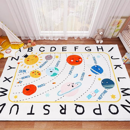 Soft ABC Kids Rug,59x39 in Washable Large Classroom Rug,Non-Slip Educational Nursery Rug,Solar System Kids Room Rug for Classroom Playroom Bedroom Kids Room Decor - LeafyLoom