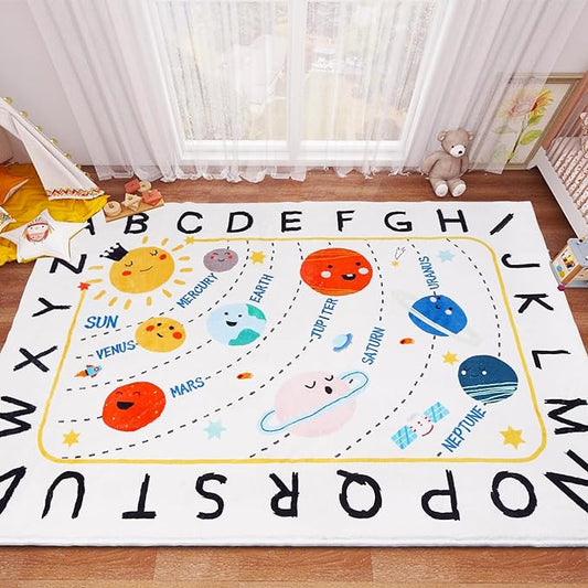 Soft ABC Kids Rug,59x39 in Washable Large Classroom Rug,Non-Slip Educational Nursery Rug,Solar System Kids Room Rug for Classroom Playroom Bedroom Kids Room Decor - LeafyLoom