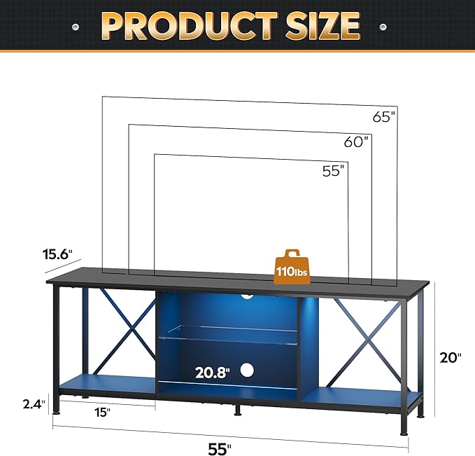 WLIVE TV Stand up to 65 Inch TV, 55" Entertainment Center with LED, Industrial TV Console with Glass Shelf for Living Room and Bedroom, Black - LeafyLoom