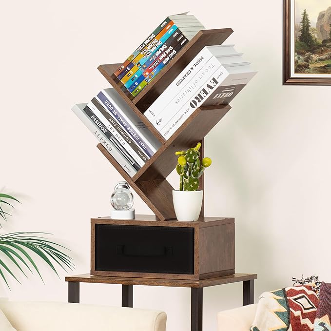 Small Bookshelf with Drawer,4 Tier Tree Book Shelf,Wood Desk Bookshelves,Modern Free Standing Desktop Display Shelves,Brown Floor Standing Organizer Bookcase for Living Room,Bedroom,Office - LeafyLoom