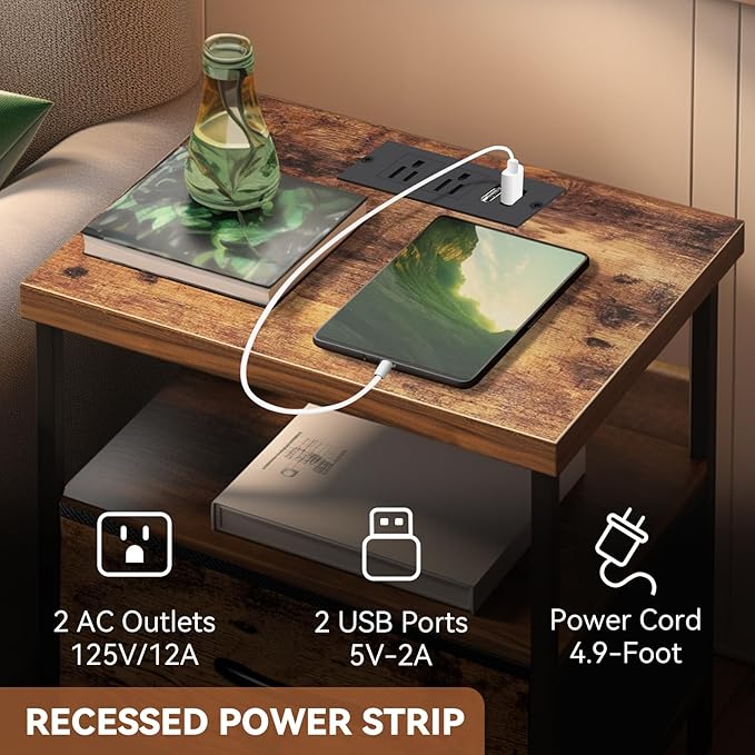 Nightstand with Charging Station, Bedside Table with LED Lights, Side Table with Fabric Drawers and Storage Shelf, Night Station with USB Ports & Outlets, Small End Table for Bedroom, Rustic Brown - LeafyLoom